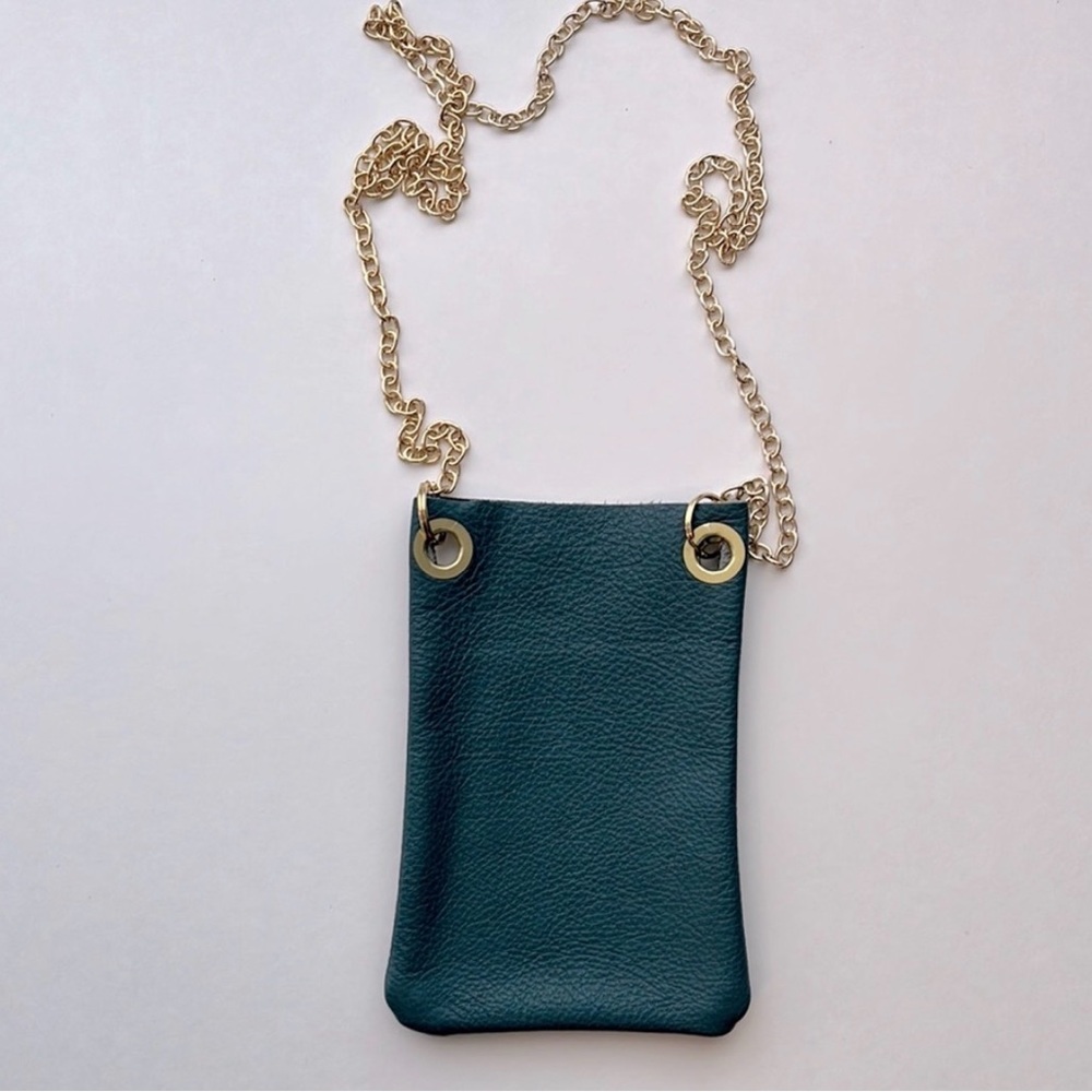 Teal Leather Crossbody Bag with Gold Chain